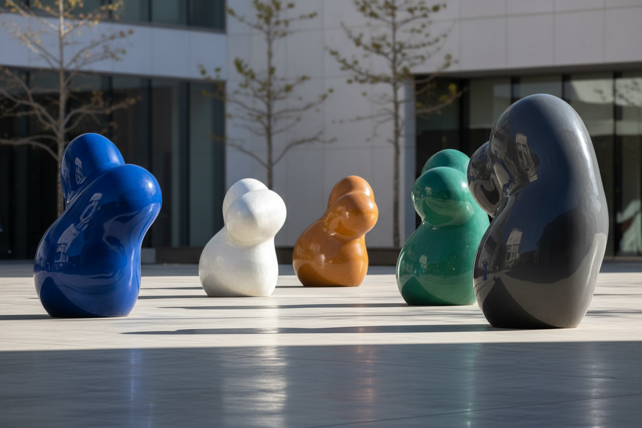 帮我生成一张玻璃钢雕塑的真实场景图, 无人的, 像素尺寸为2000*938