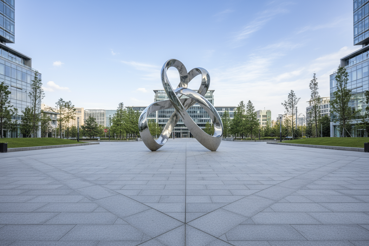 帮我生成一张不锈钢雕塑的场景图，无人的实景图，像素2000*983