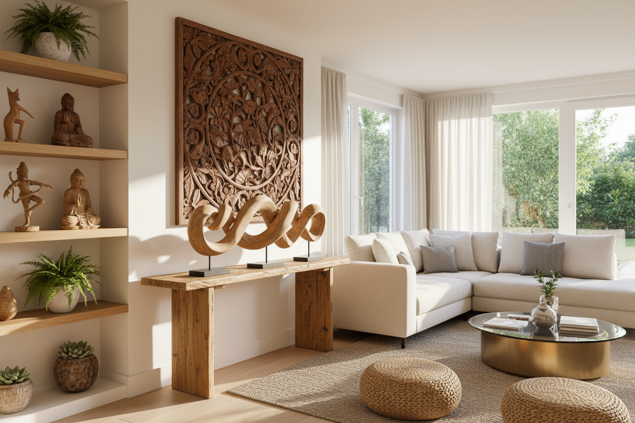 帮我生成一张木雕产品的家居场景图 