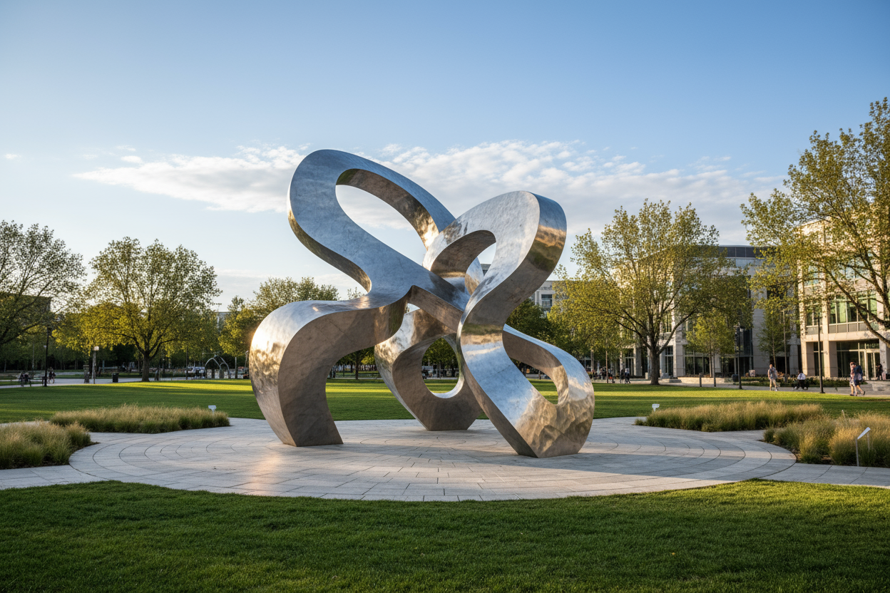 帮我生成一张不锈钢雕塑的户外场景图