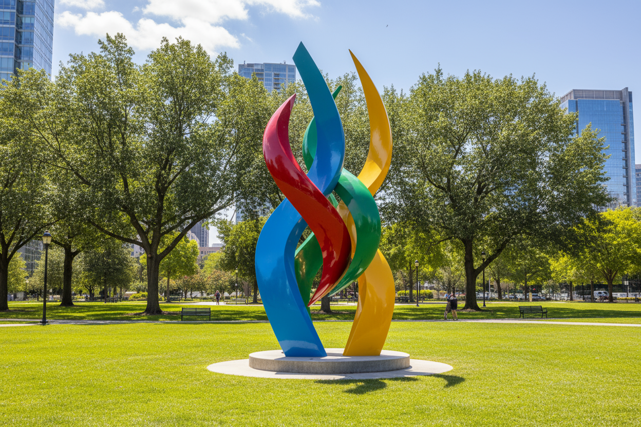 帮我生成一张玻璃钢雕塑的户外场景图 